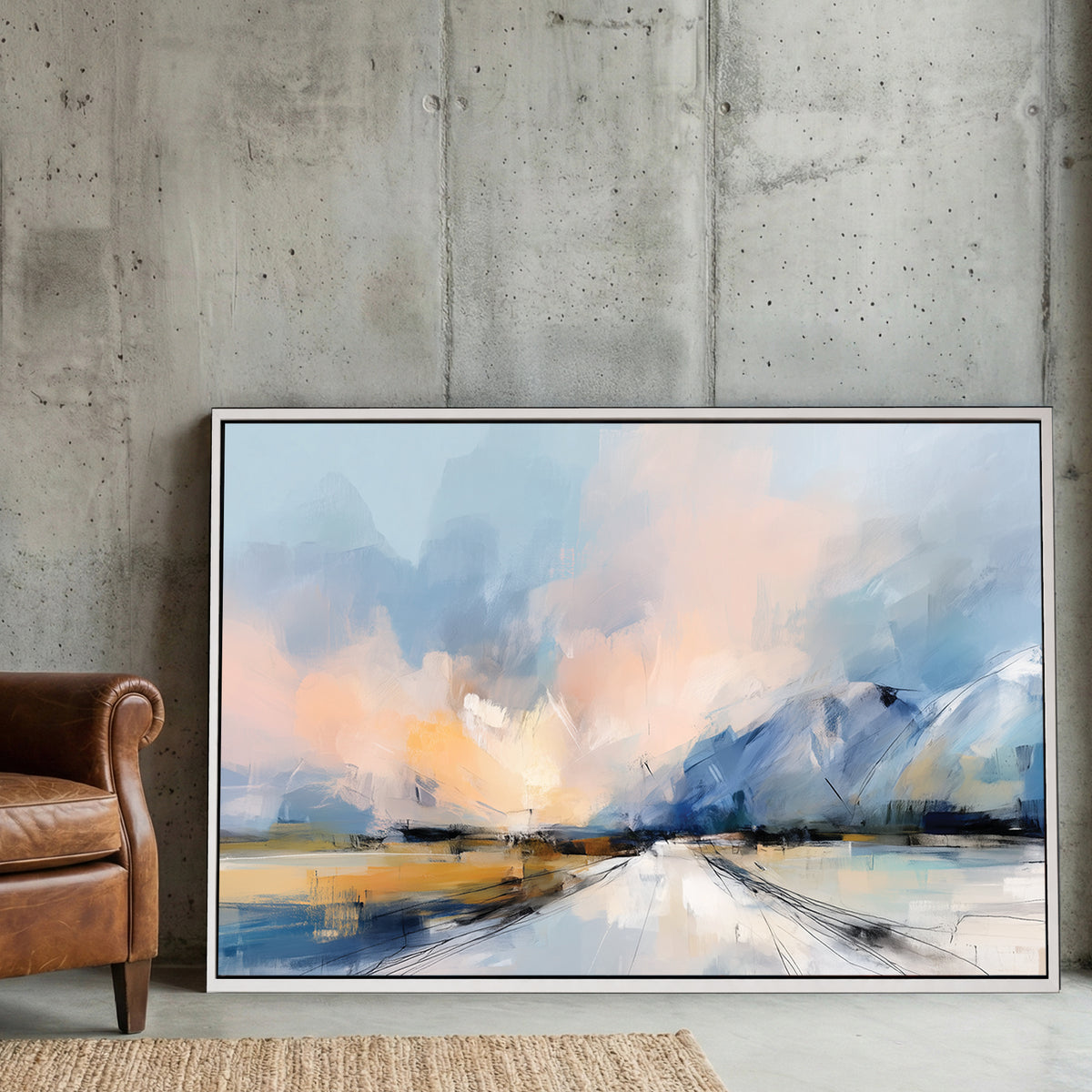Abstract Mountain Landscape wall art with soft blue and peach tones in an impressionist style.