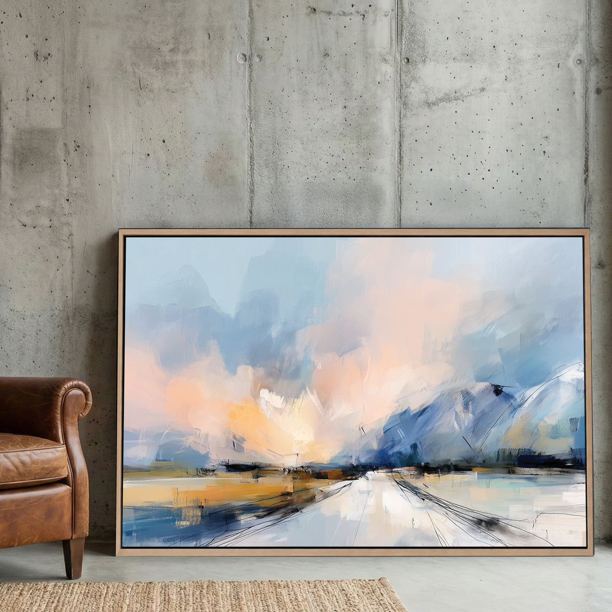 Abstract Mountain Landscape wall art with soft blue and peach tones in an impressionist style.