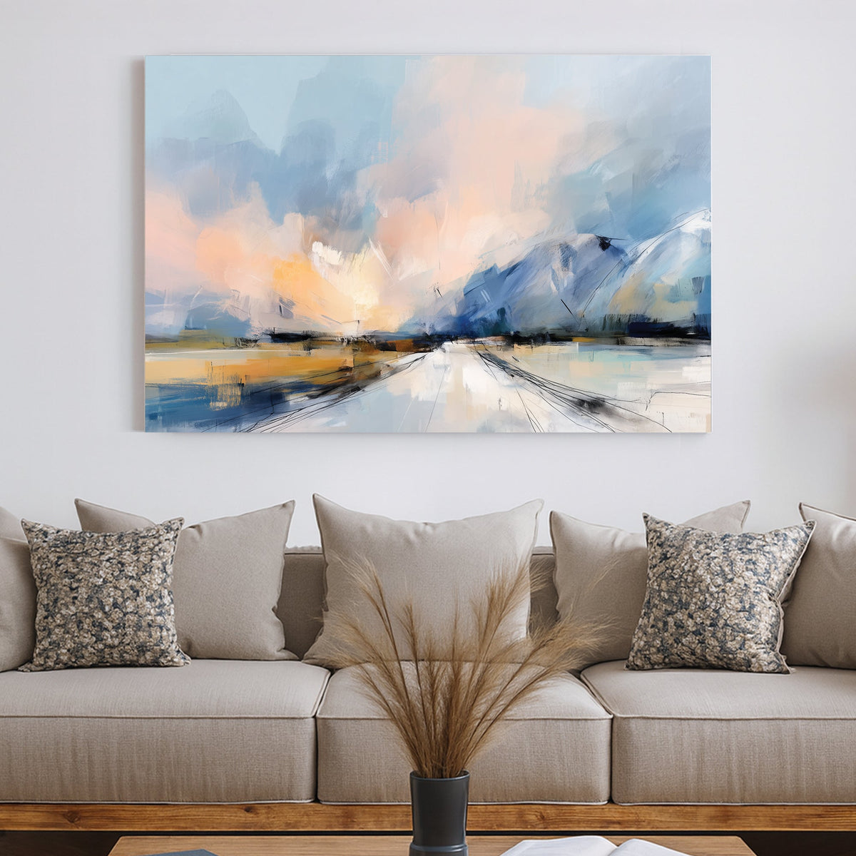 Abstract Mountain Landscape wall art with soft blue and peach tones in an impressionist style.