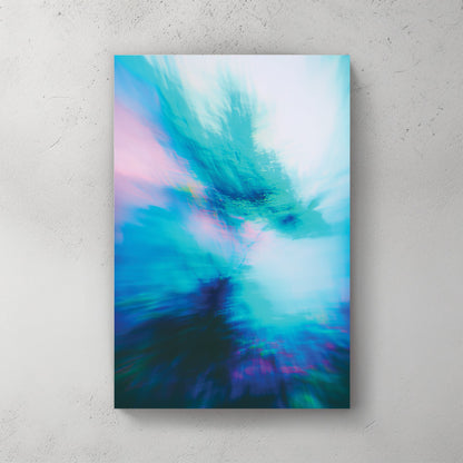 Blurred forest landscape abstract wall art with teal and pink hues.