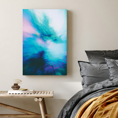 Blurred forest landscape abstract wall art with teal and pink hues.