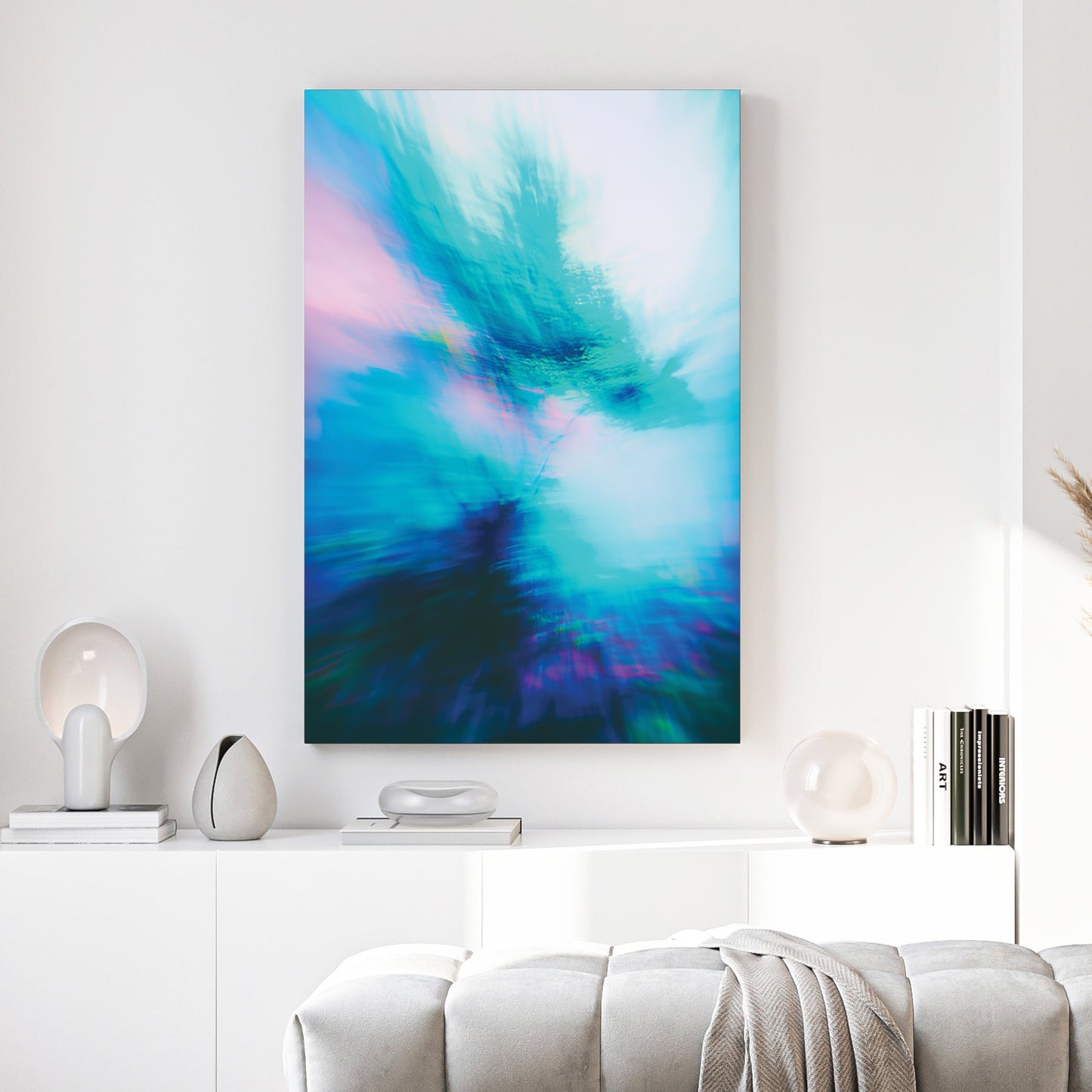 Blurred forest landscape abstract wall art with teal and pink hues.