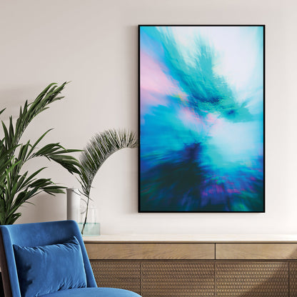 Blurred forest landscape abstract wall art with teal and pink hues.