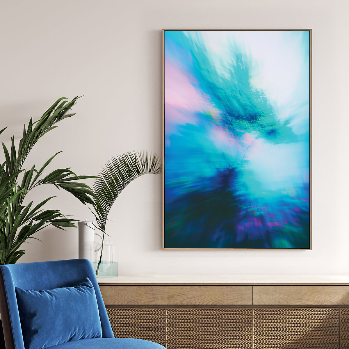 Blurred forest landscape abstract wall art with teal and pink hues.