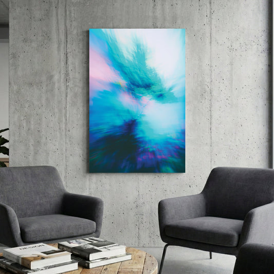 Blurred forest landscape abstract wall art with teal and pink hues.