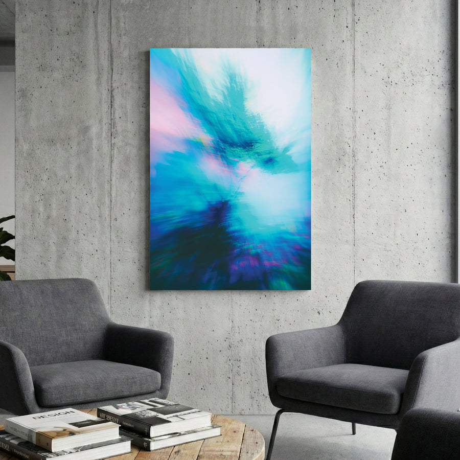 Blurred forest landscape abstract wall art with teal and pink hues.