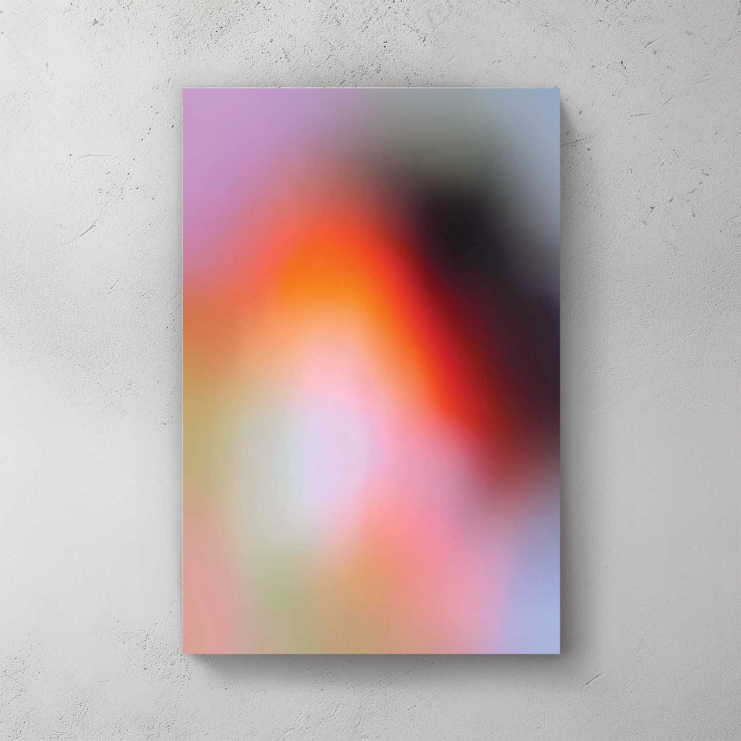 Blurred abstract gradient wall art with pink, orange, and purple soft tones.
