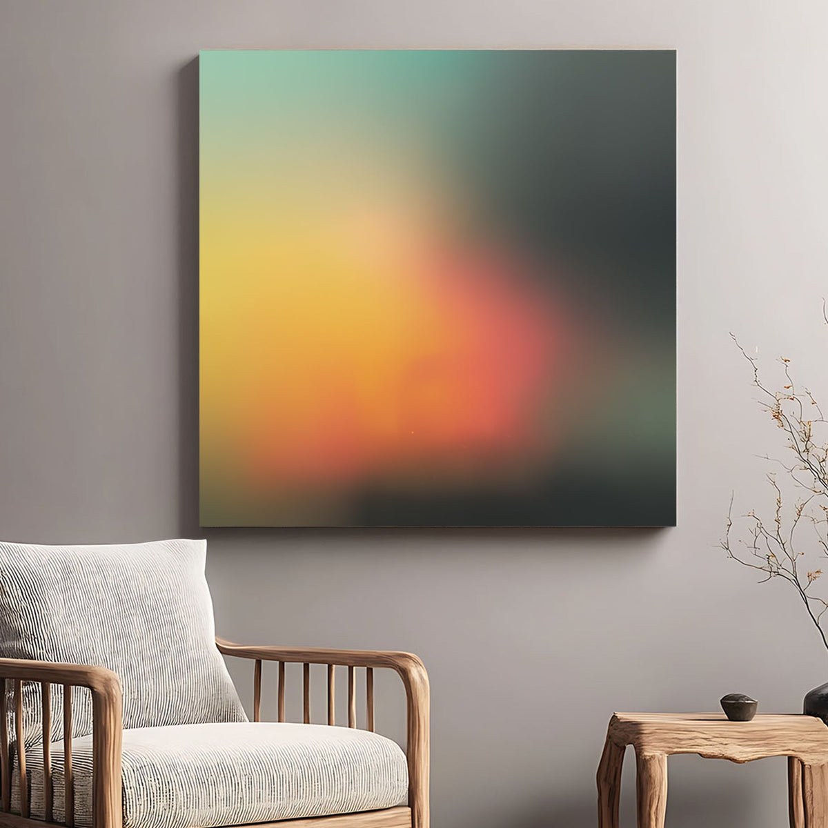 Abstract gradient wall art with teal, yellow, and orange blurred colours.
