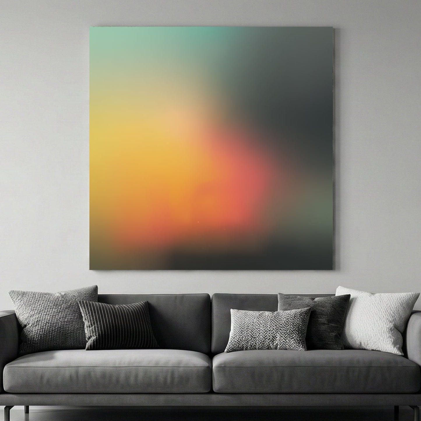 Abstract gradient wall art with teal, yellow, and orange blurred colours.
