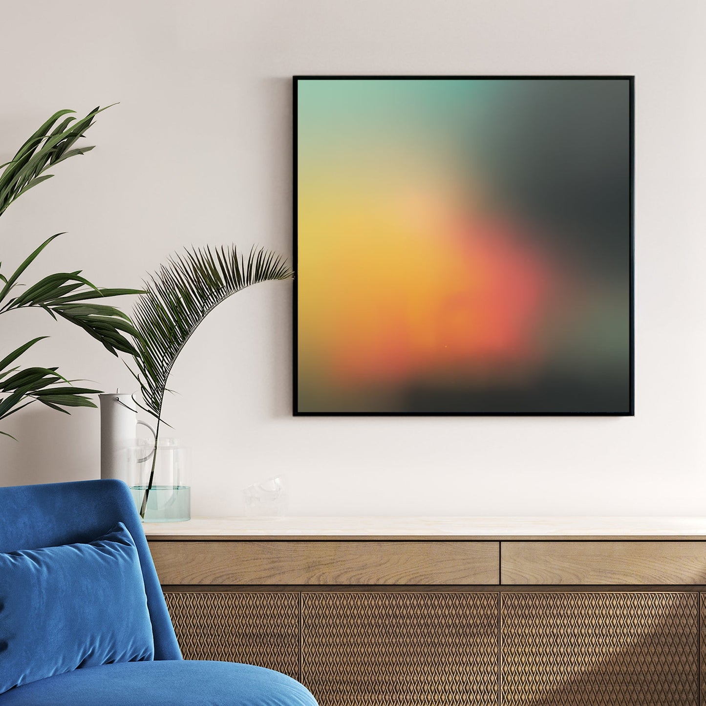 Abstract gradient wall art with teal, yellow, and orange blurred colours.