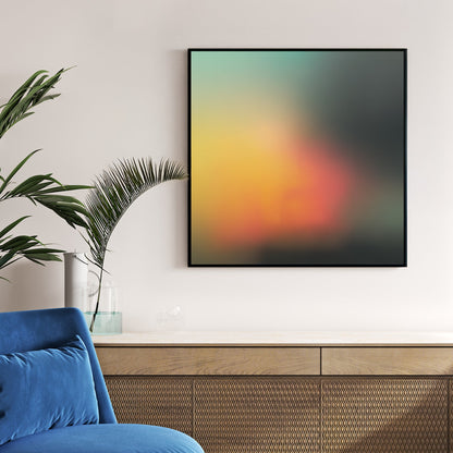 Abstract gradient wall art with teal, yellow, and orange blurred colours.