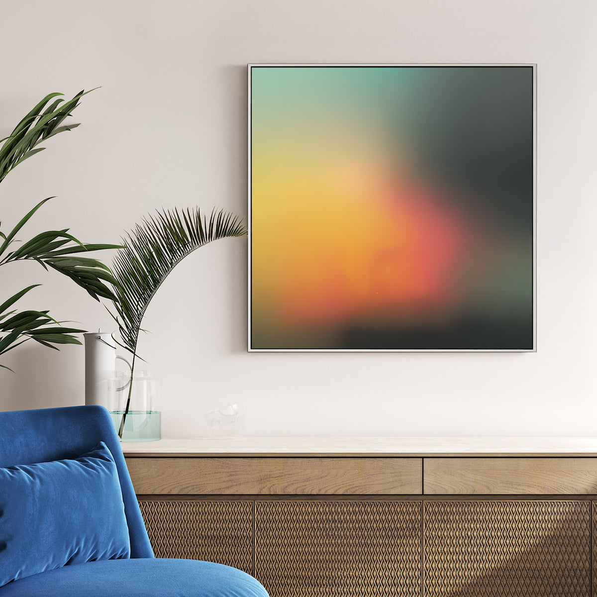 Abstract gradient wall art with teal, yellow, and orange blurred colours.