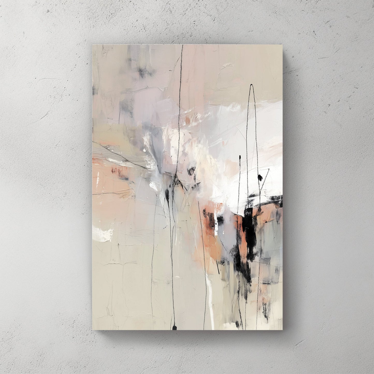 Contemporary neutral abstract wall art with beige tones and black charcoal lines.