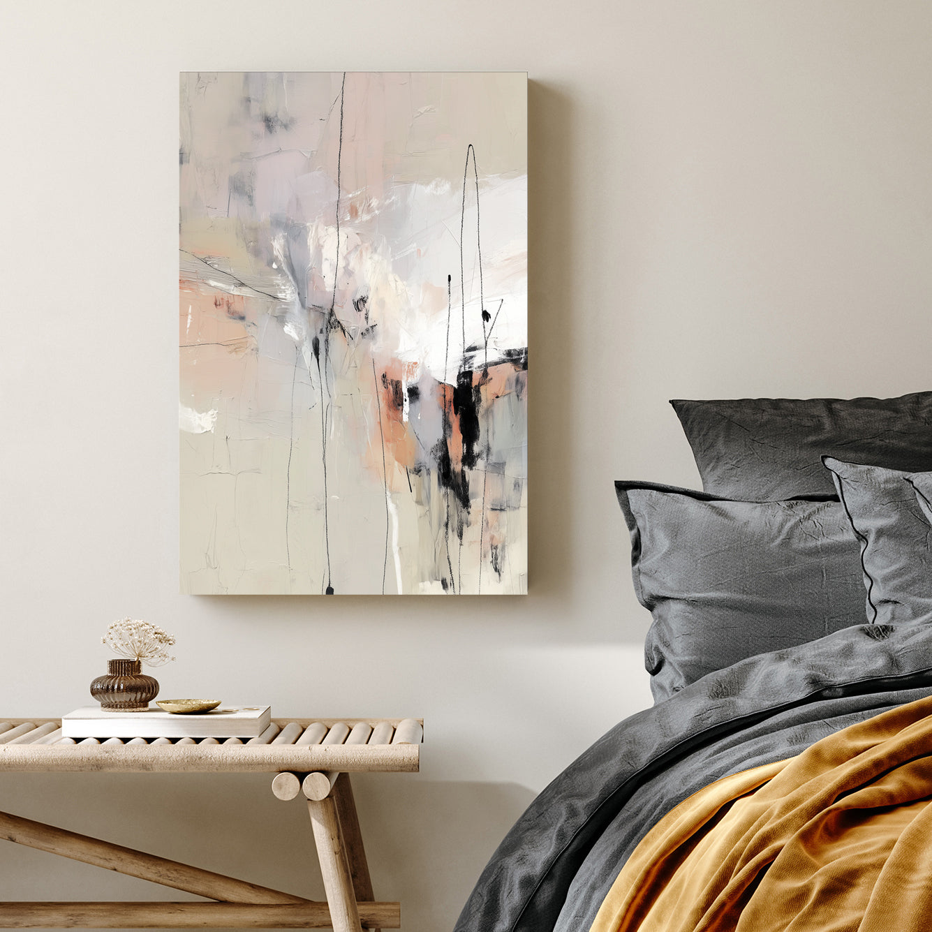 Contemporary neutral abstract wall art with beige tones and black charcoal lines.
