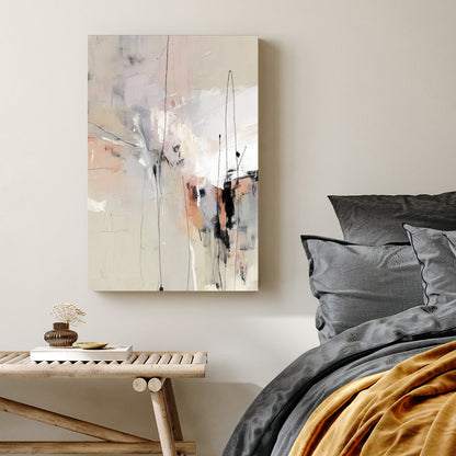 Contemporary neutral abstract wall art with beige tones and black charcoal lines.