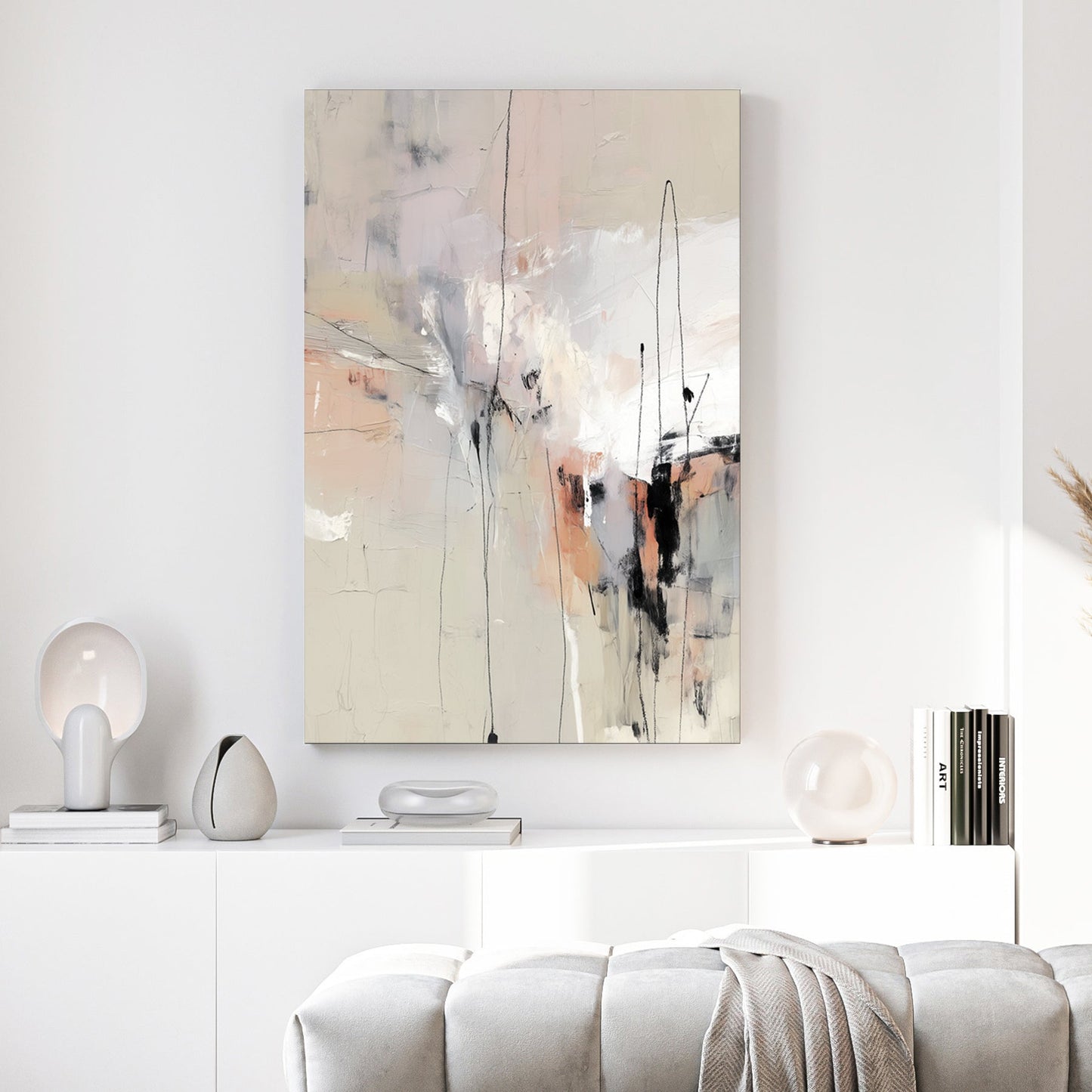 Contemporary neutral abstract wall art with beige tones and black charcoal lines.