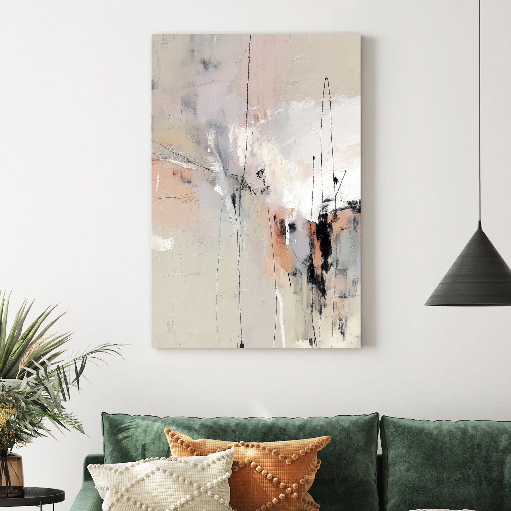 Contemporary neutral abstract wall art with beige tones and black charcoal lines.