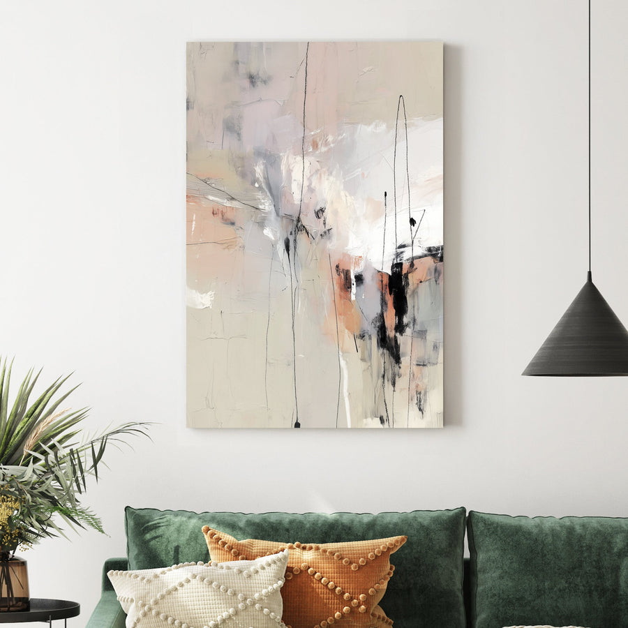 Contemporary neutral abstract wall art with beige tones and black charcoal lines.
