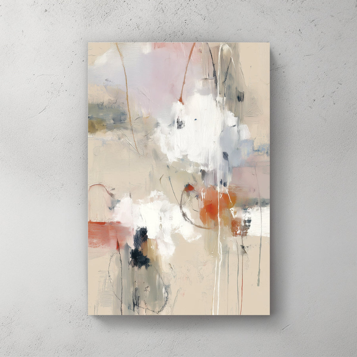 Abstract expressionism wall art featuring beige, white, and terracotta tones in portrait layout.