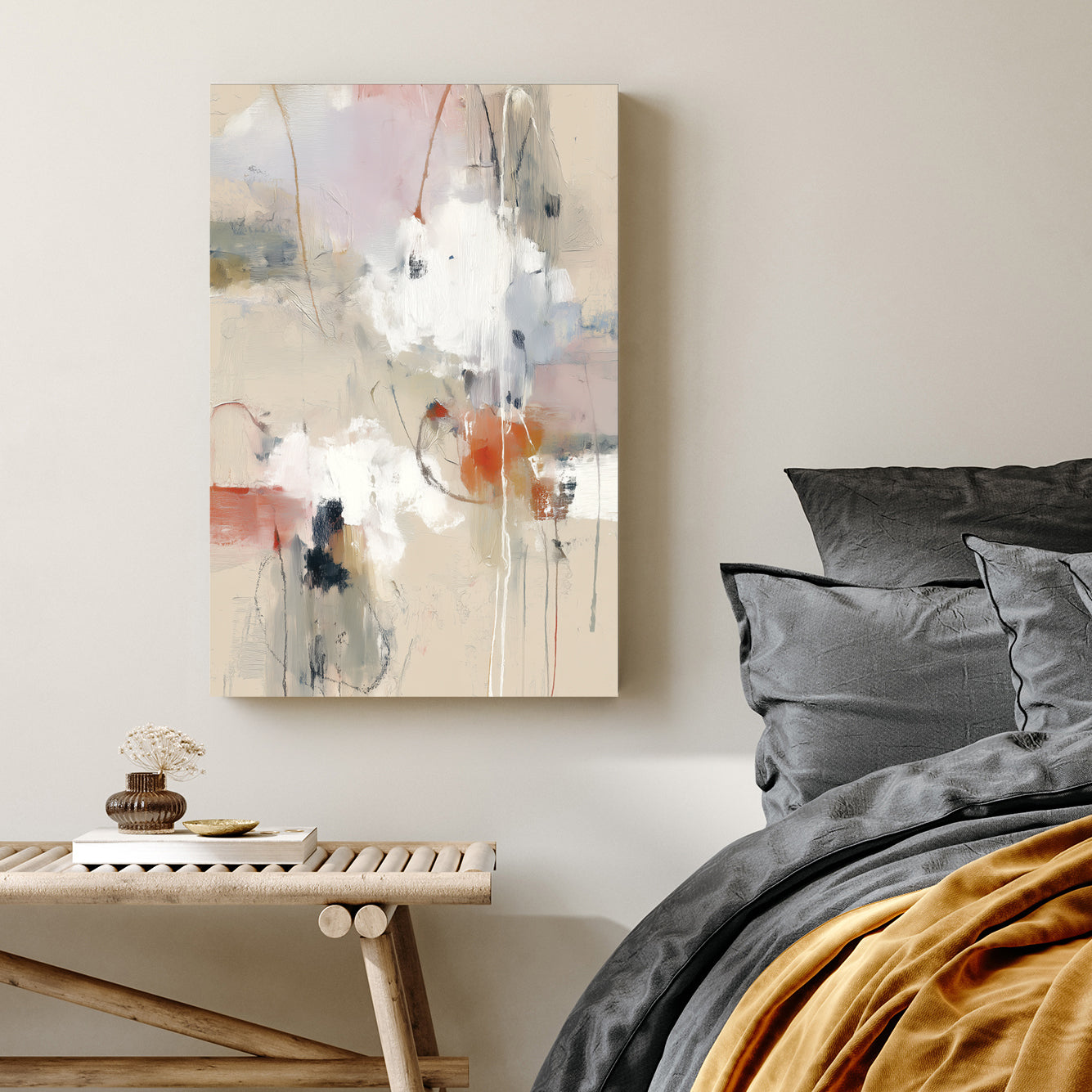 Abstract expressionism wall art featuring beige, white, and terracotta tones in portrait layout.