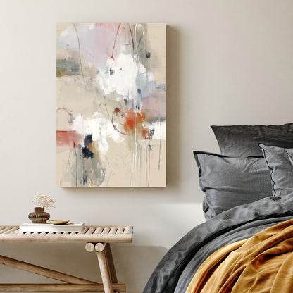 Abstract expressionism wall art featuring beige, white, and terracotta tones in portrait layout.