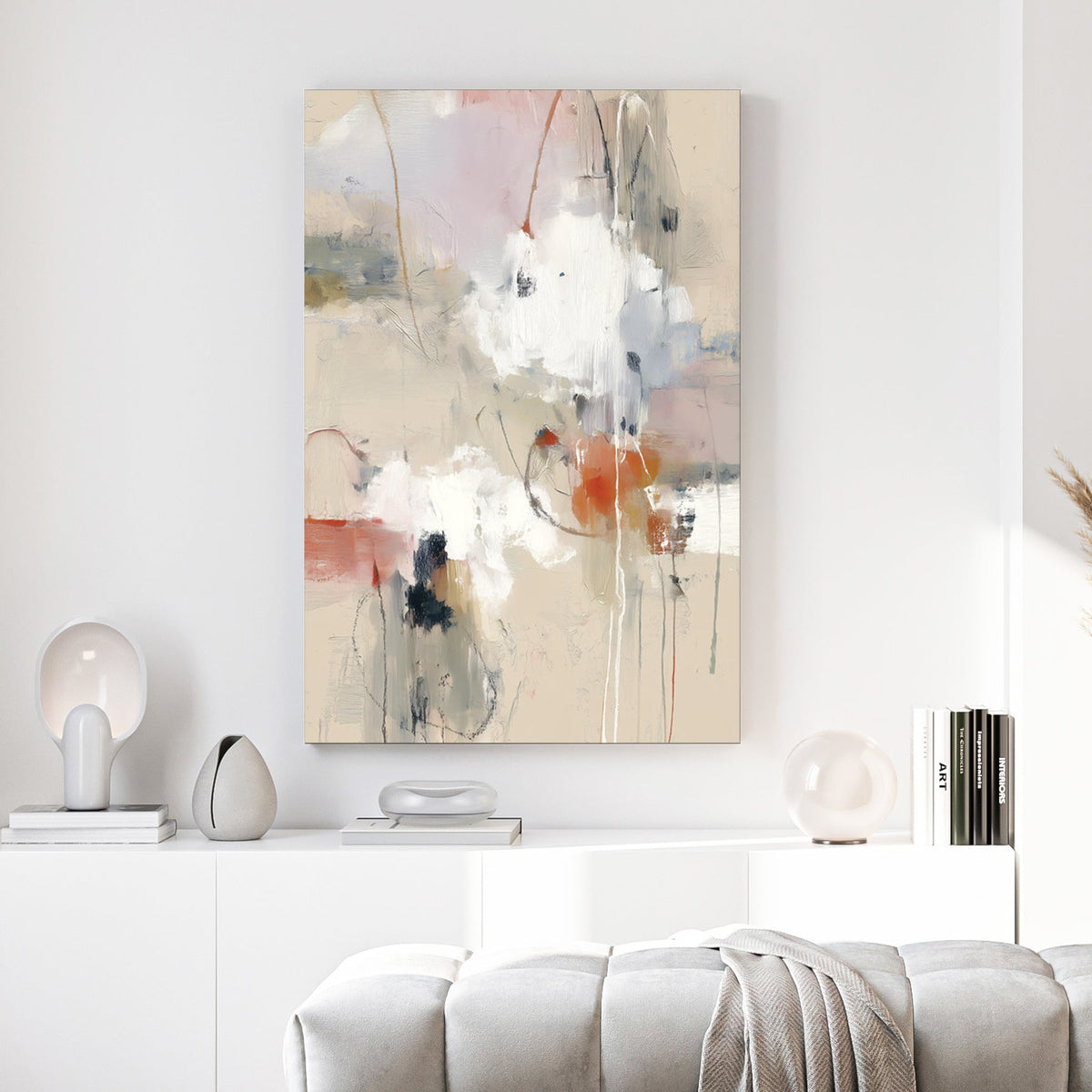 Abstract expressionism wall art featuring beige, white, and terracotta tones in portrait layout.