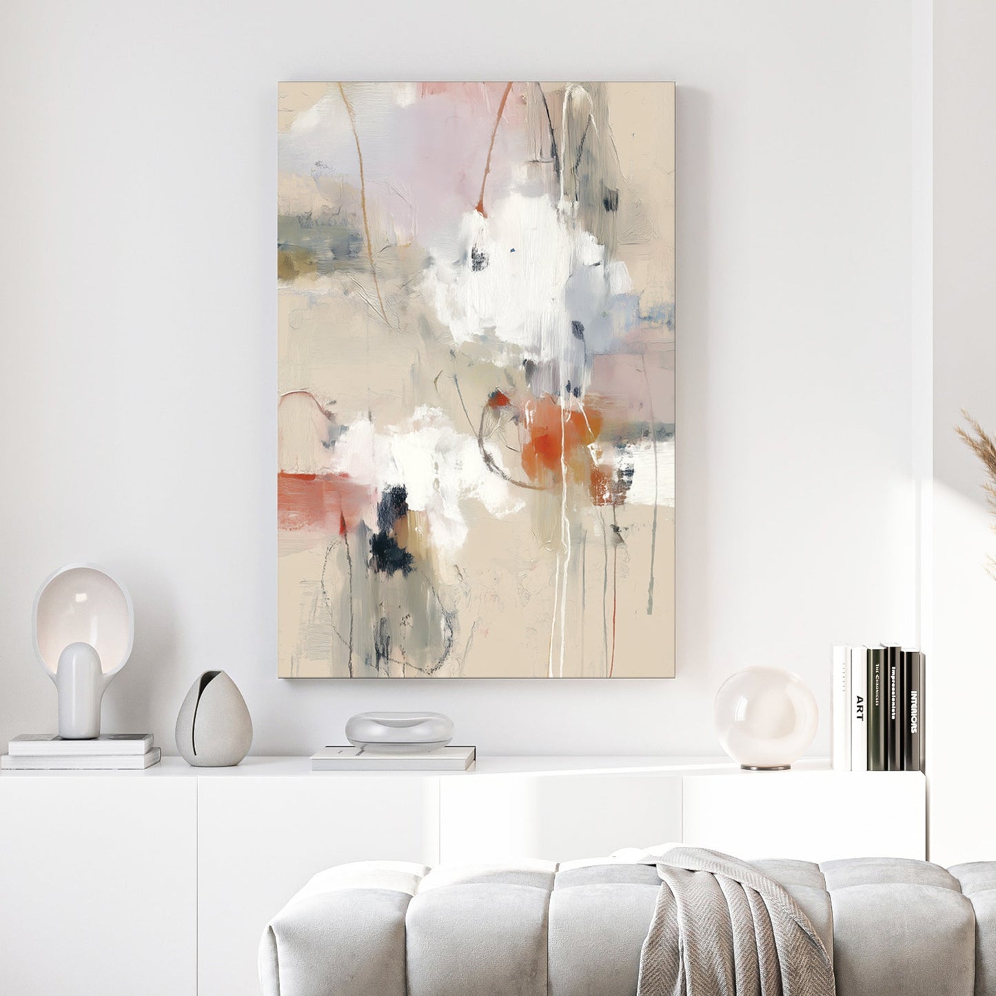 Abstract expressionism wall art featuring beige, white, and terracotta tones in portrait layout.