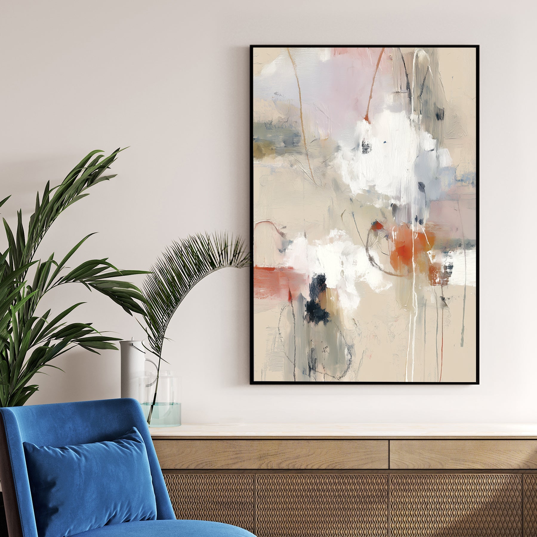 Abstract expressionism wall art featuring beige, white, and terracotta tones in portrait layout.