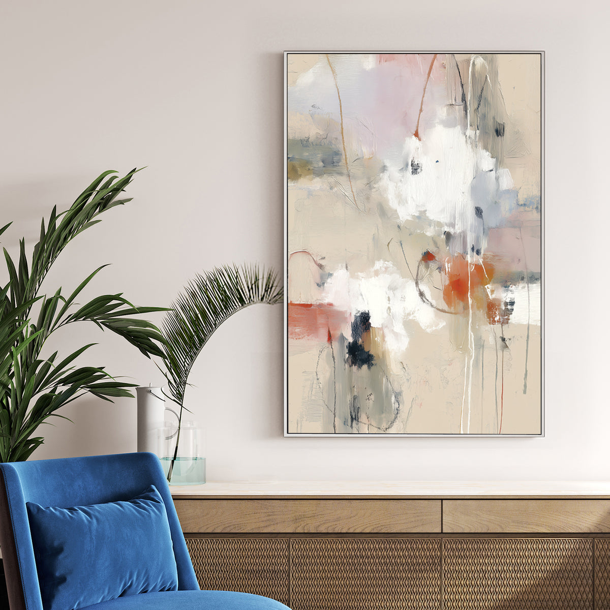 Abstract expressionism wall art featuring beige, white, and terracotta tones in portrait layout.