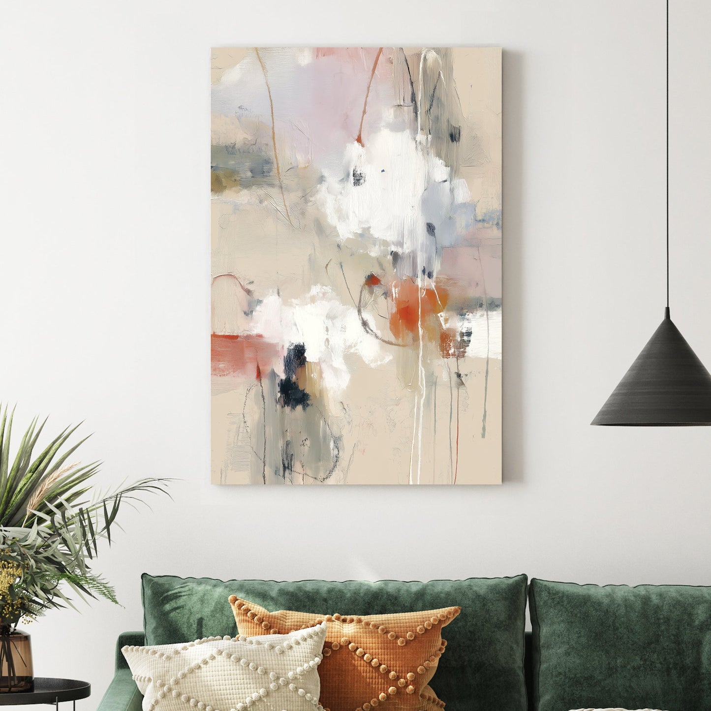 Abstract expressionism wall art featuring beige, white, and terracotta tones in portrait layout.
