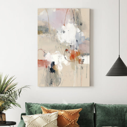 Abstract expressionism wall art featuring beige, white, and terracotta tones in portrait layout.