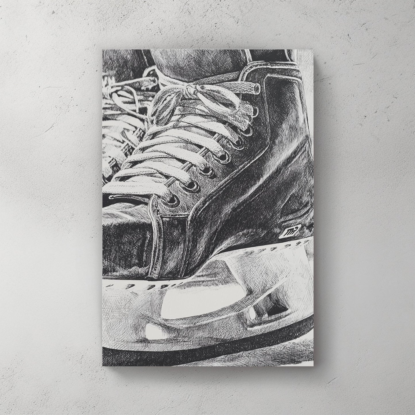 Close-up monochrome ink illustration of a hockey skate wall art.