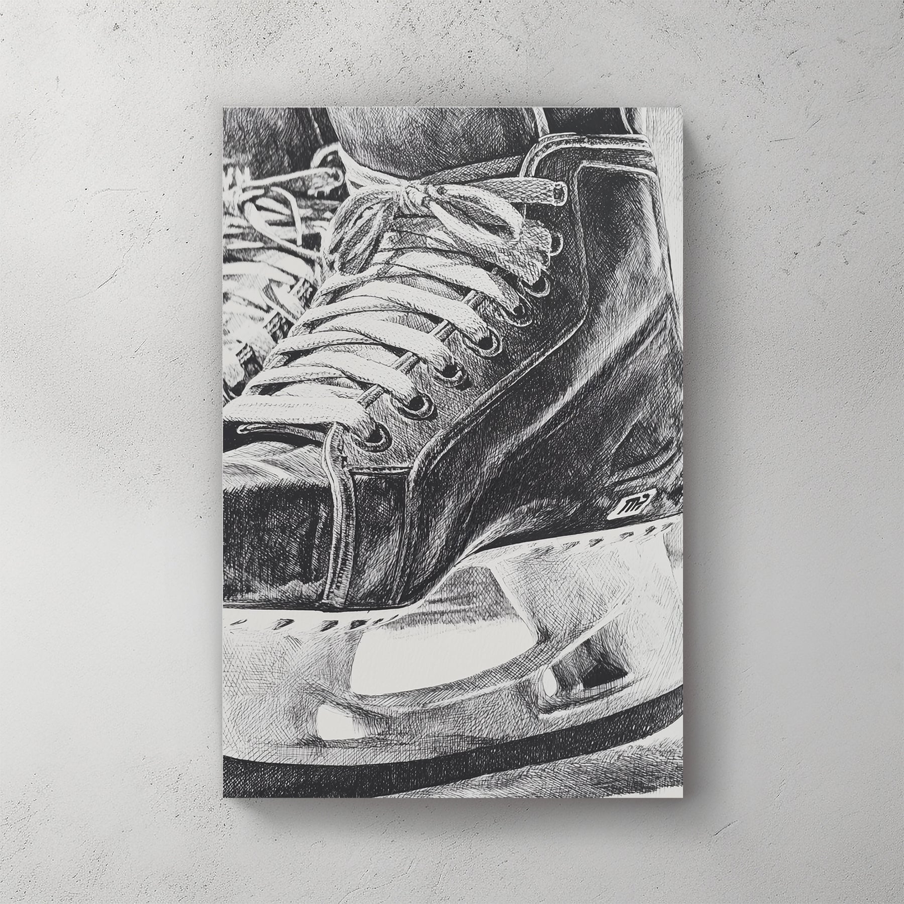 Close-up monochrome ink illustration of a hockey skate wall art.