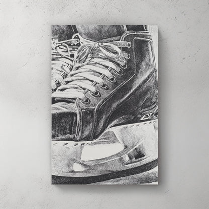 Close-up monochrome ink illustration of a hockey skate wall art.