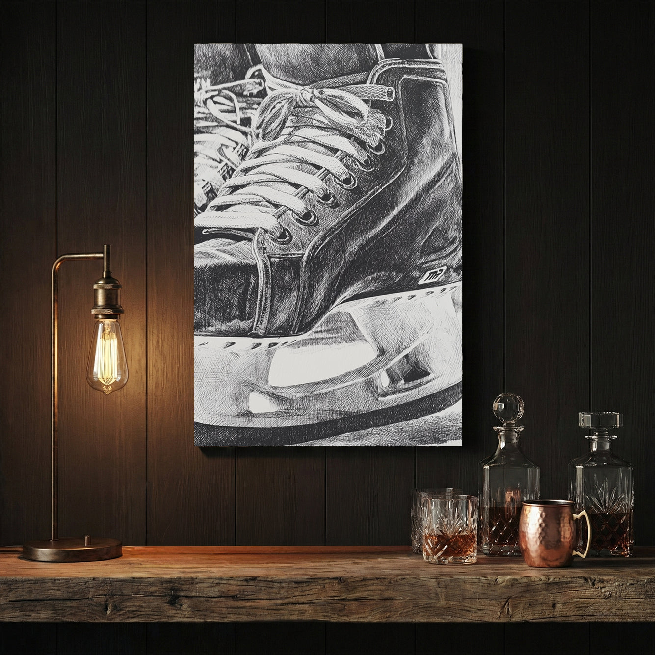 Close-up monochrome ink illustration of a hockey skate wall art.