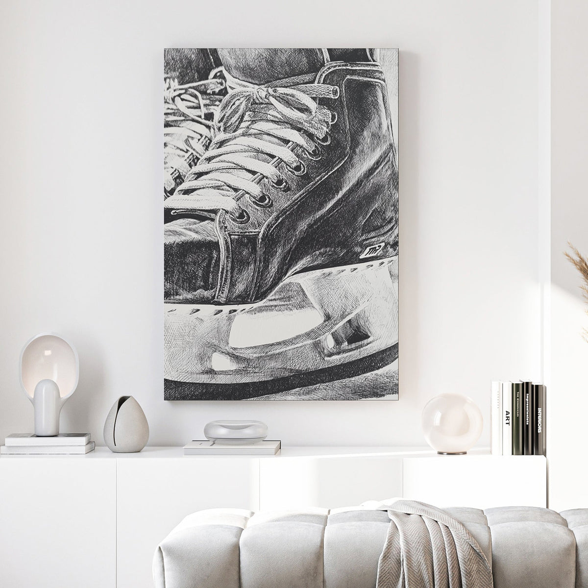 Close-up monochrome ink illustration of a hockey skate wall art.