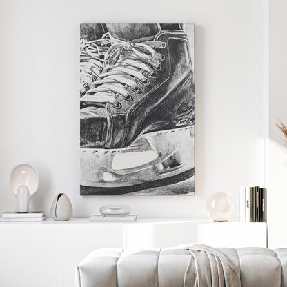 Close-up monochrome ink illustration of a hockey skate wall art.