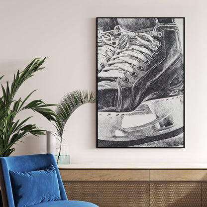 Close-up monochrome ink illustration of a hockey skate wall art.