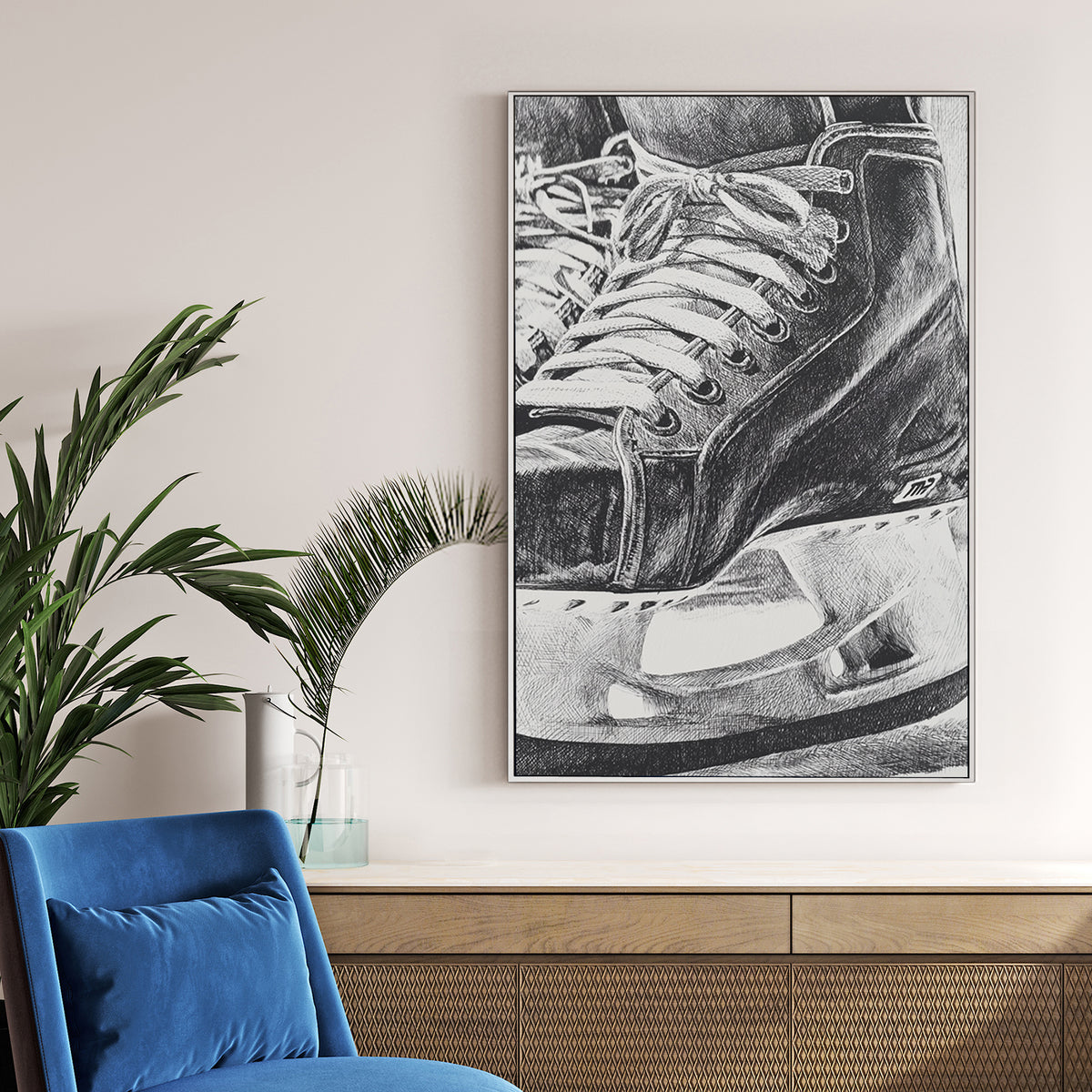 Close-up monochrome ink illustration of a hockey skate wall art.