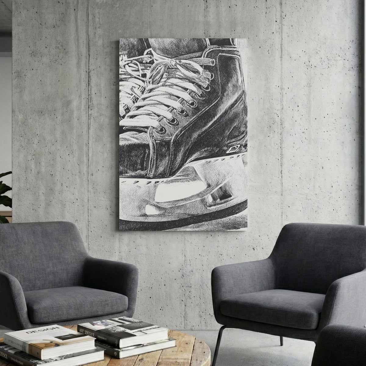 Close-up monochrome ink illustration of a hockey skate wall art.