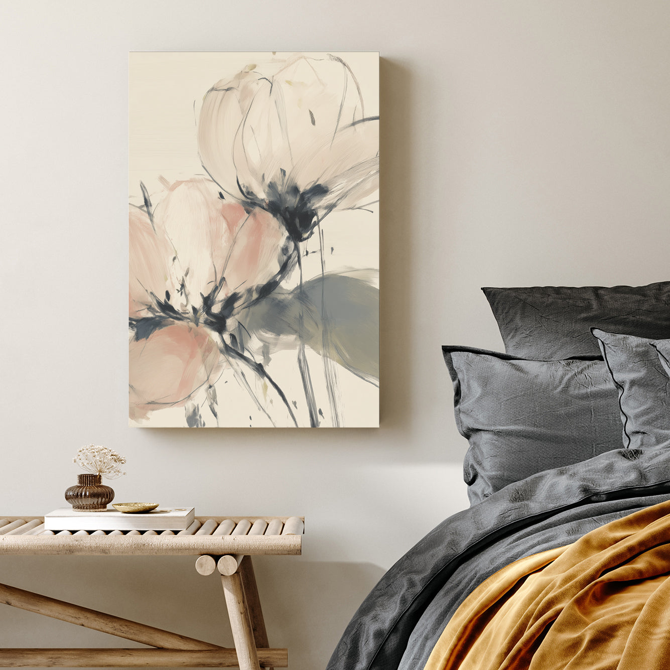 Soft pink and cream peony floral wall art in a minimalist impressionist style.