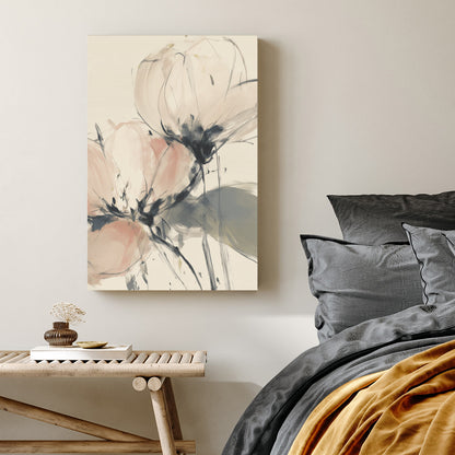 Soft pink and cream peony floral wall art in a minimalist impressionist style.