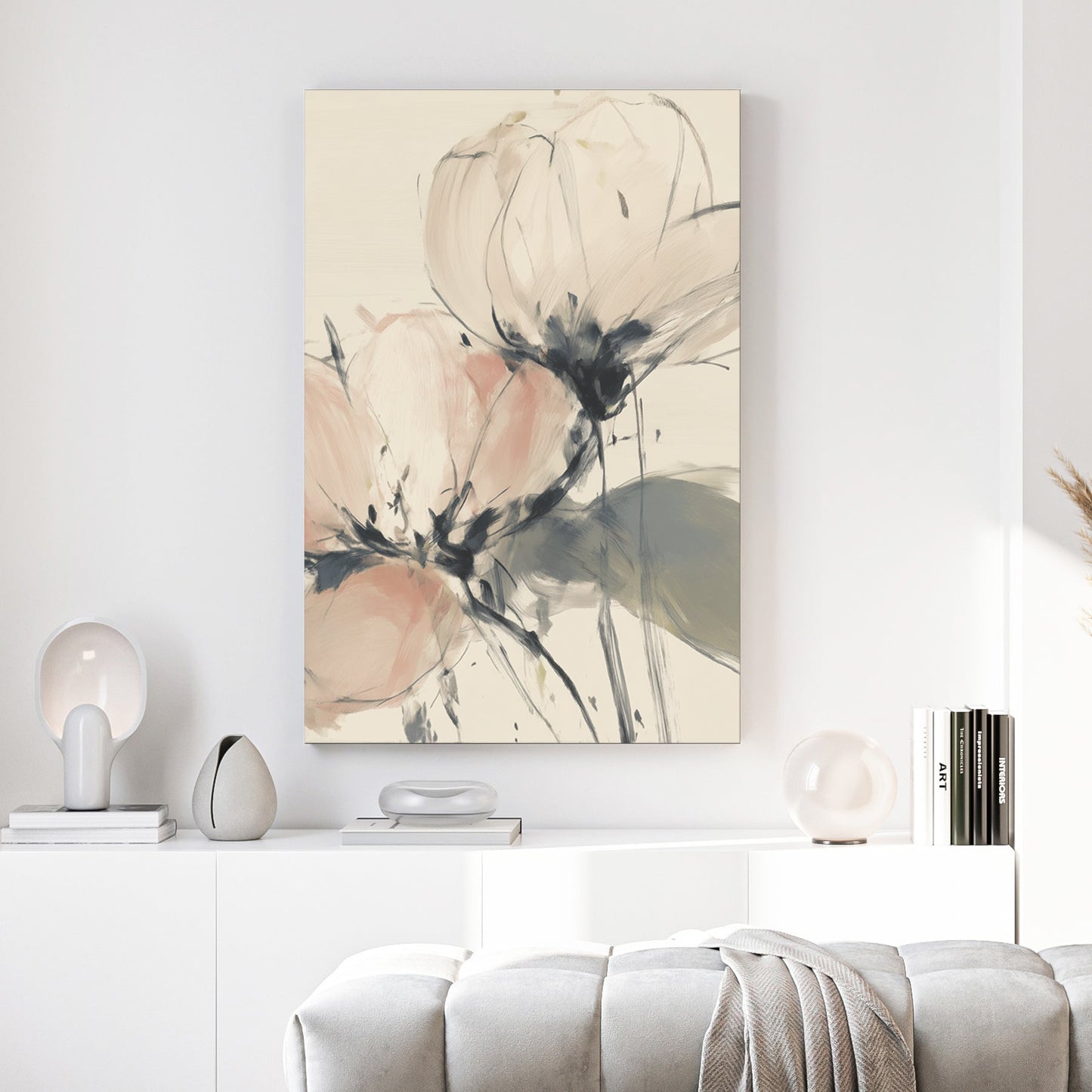 Soft pink and cream peony floral wall art in a minimalist impressionist style.