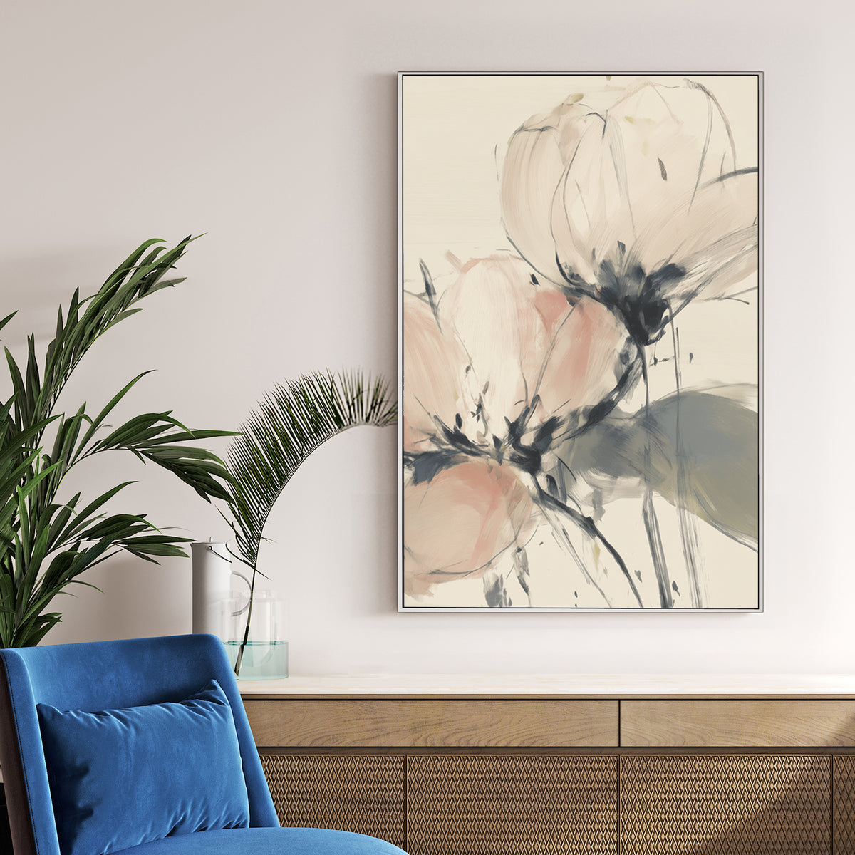 Soft pink and cream peony floral wall art in a minimalist impressionist style.