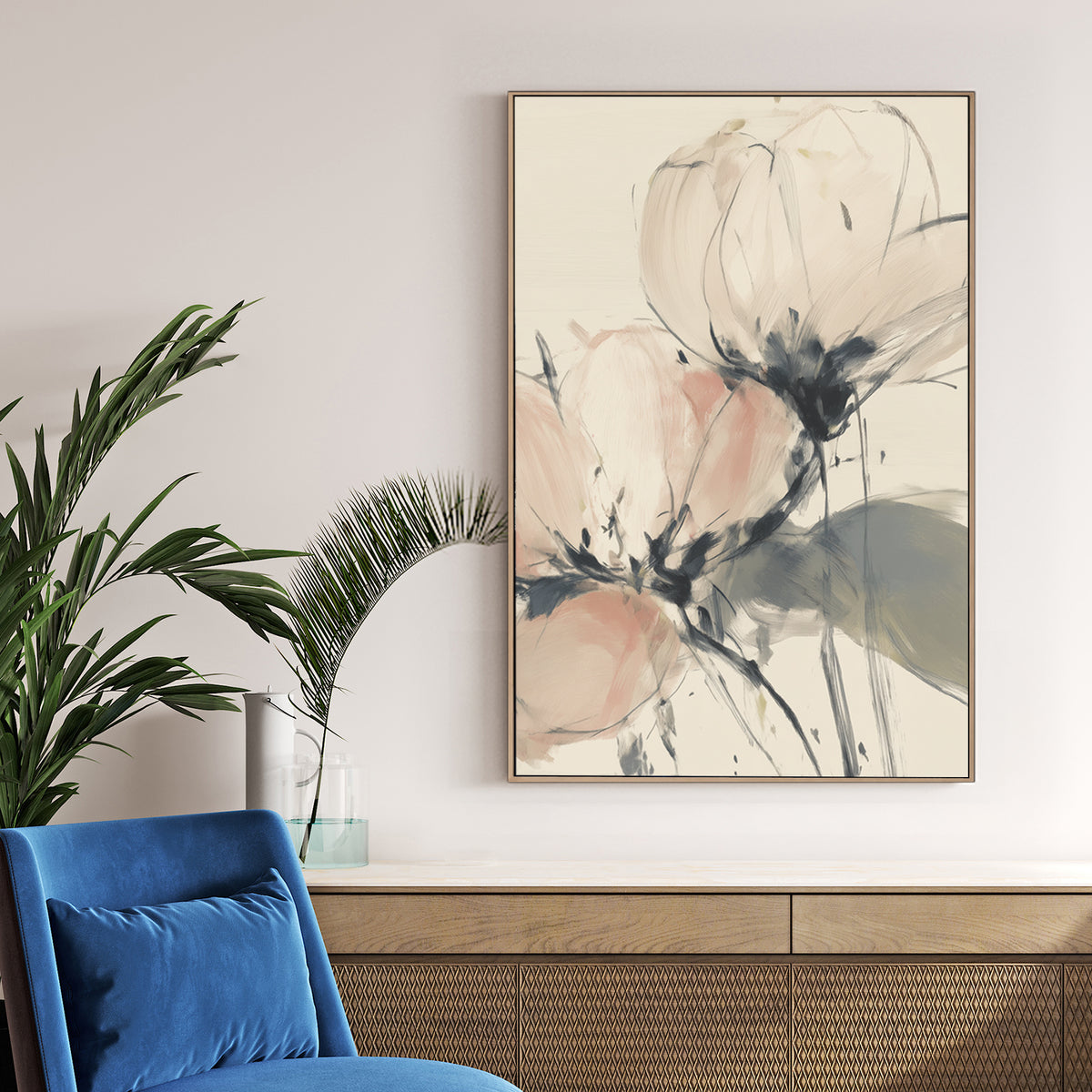 Soft pink and cream peony floral wall art in a minimalist impressionist style.