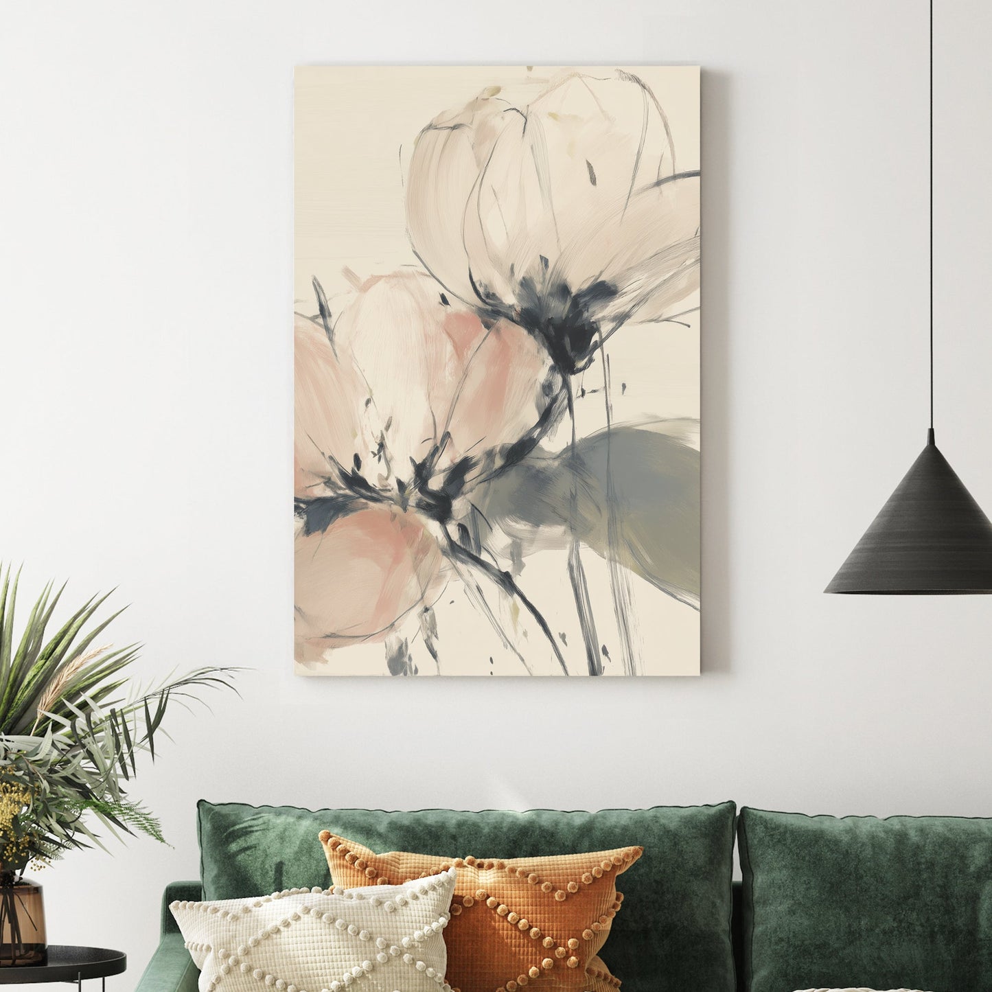 Soft pink and cream peony floral wall art in a minimalist impressionist style.