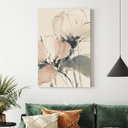 Soft pink and cream peony floral wall art in a minimalist impressionist style.