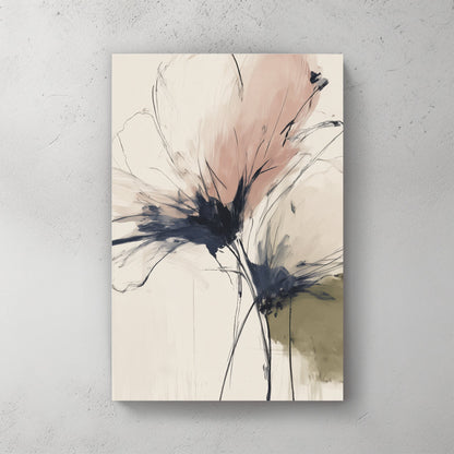 Abstract Flowers in soft pink and charcoal sketches on a cream background wall art.