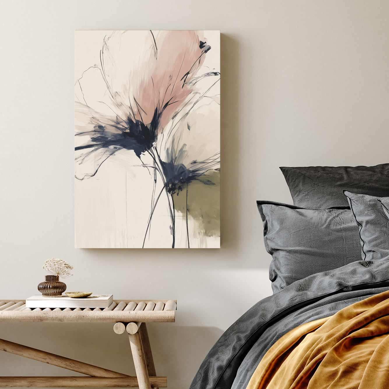 Abstract Flowers in soft pink and charcoal sketches on a cream background wall art.