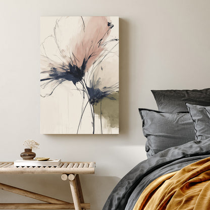 Abstract Flowers in soft pink and charcoal sketches on a cream background wall art.